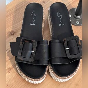 Joie Lyla Slide Plateform Tortoise Shell Buckle Black Leather Strap Mule 8.5